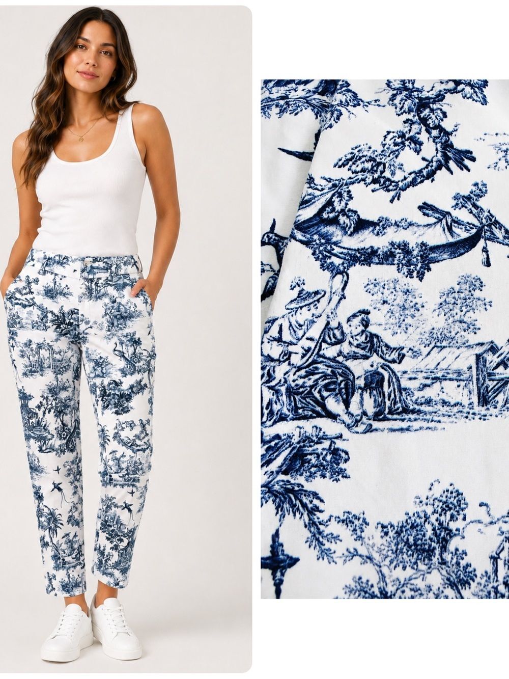 ZARA Woman Blue White Toile Print botanical Chino Pants Stretch Cotton Size 4